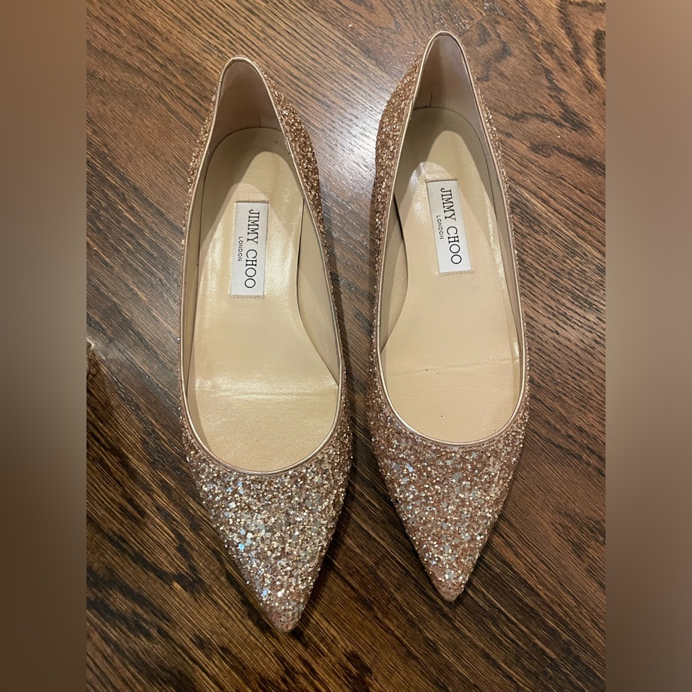 Jimmy Choo Rose Gold Glitter Pointed Toe Flats